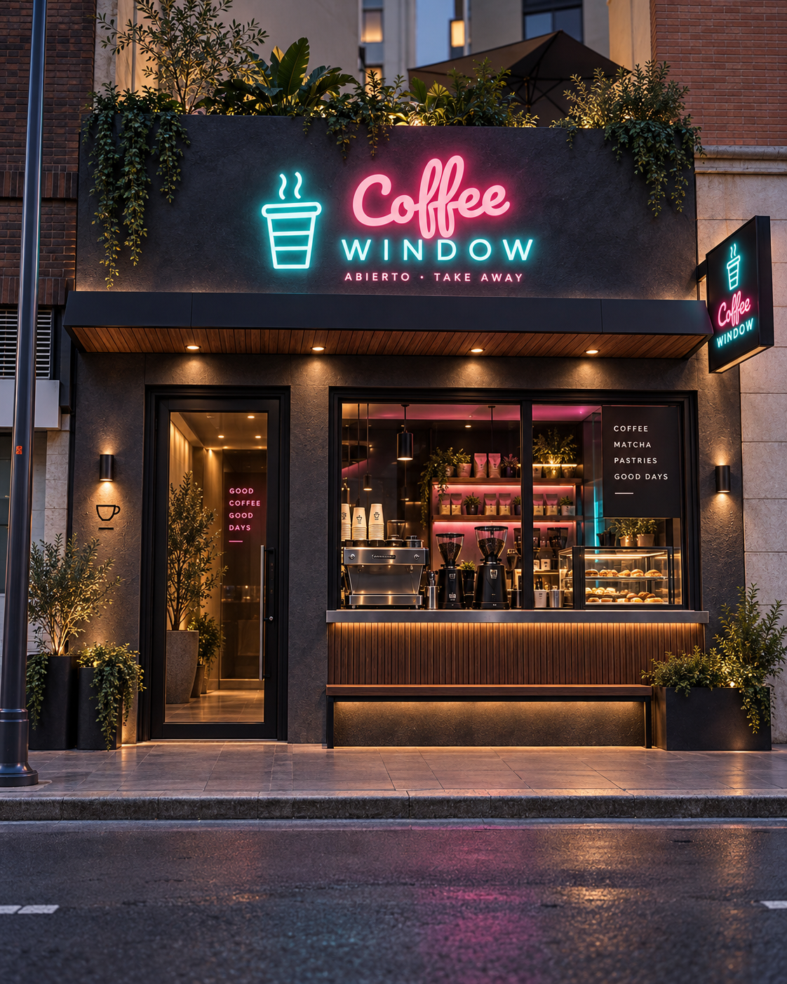 Referencia de fachada Coffee Window con rótulo rosa y celeste